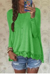 Trendy Lace Spliced Hem Long Sleeve T-Shirt For Women