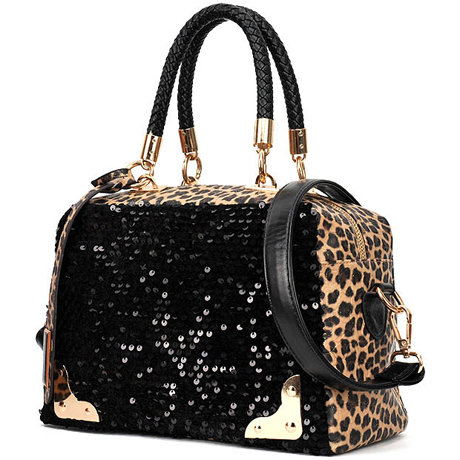 Zip Closed Leopard Patchwork Sequin Embellished Satchel Bags