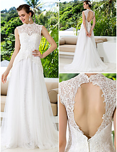 Vestido de Boda - Clásico y Atemporal - Corte en A - Cuello Alto - Tribunal (Encaje/Satén)