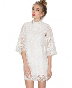 High Neck Lace Dress with Scallop Detail