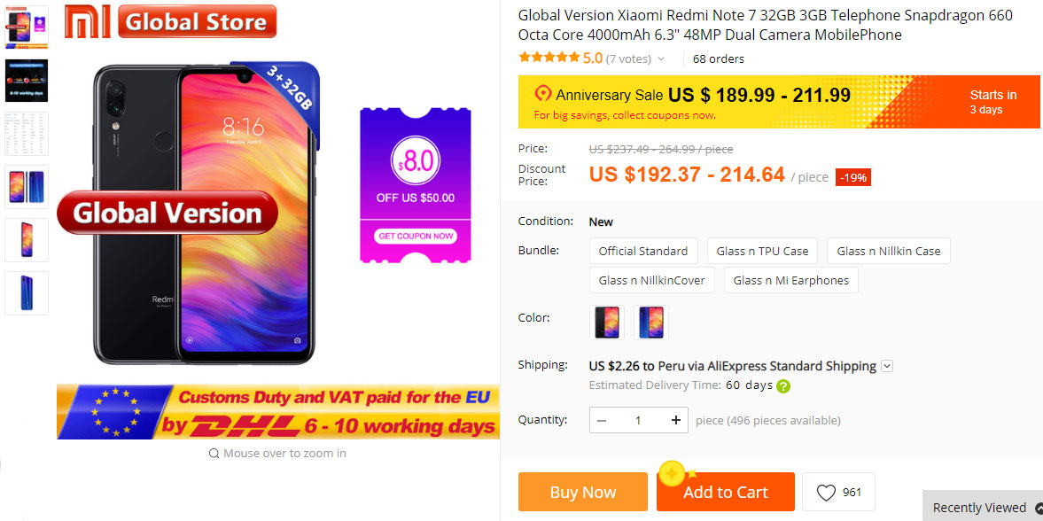  Xiaomi Redmi Note 7 Oferta a solo $148.99 en Aliexpress